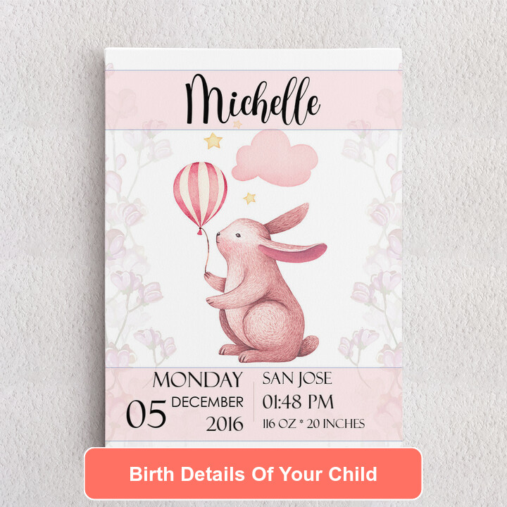 Personalized Canvas Canvas For Birth Rabbit With Balloon