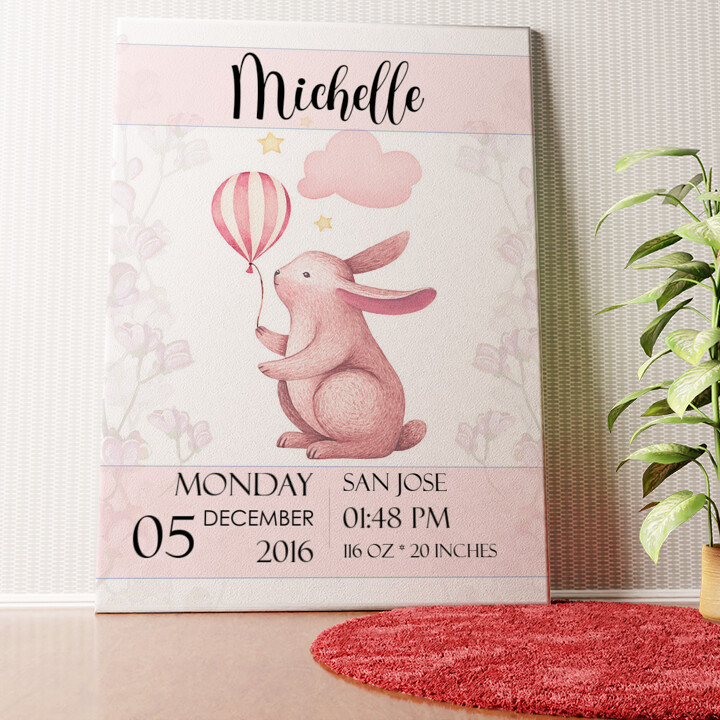 Personalized mural Canvas For Birth Rabbit With Balloon