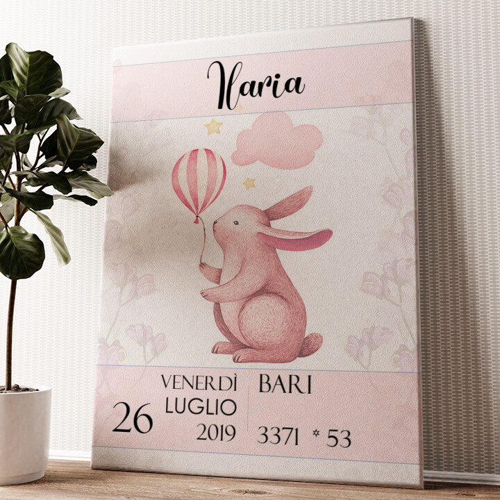 Stampa personalizzata su tela Tela per nascita coniglio con palloncino
