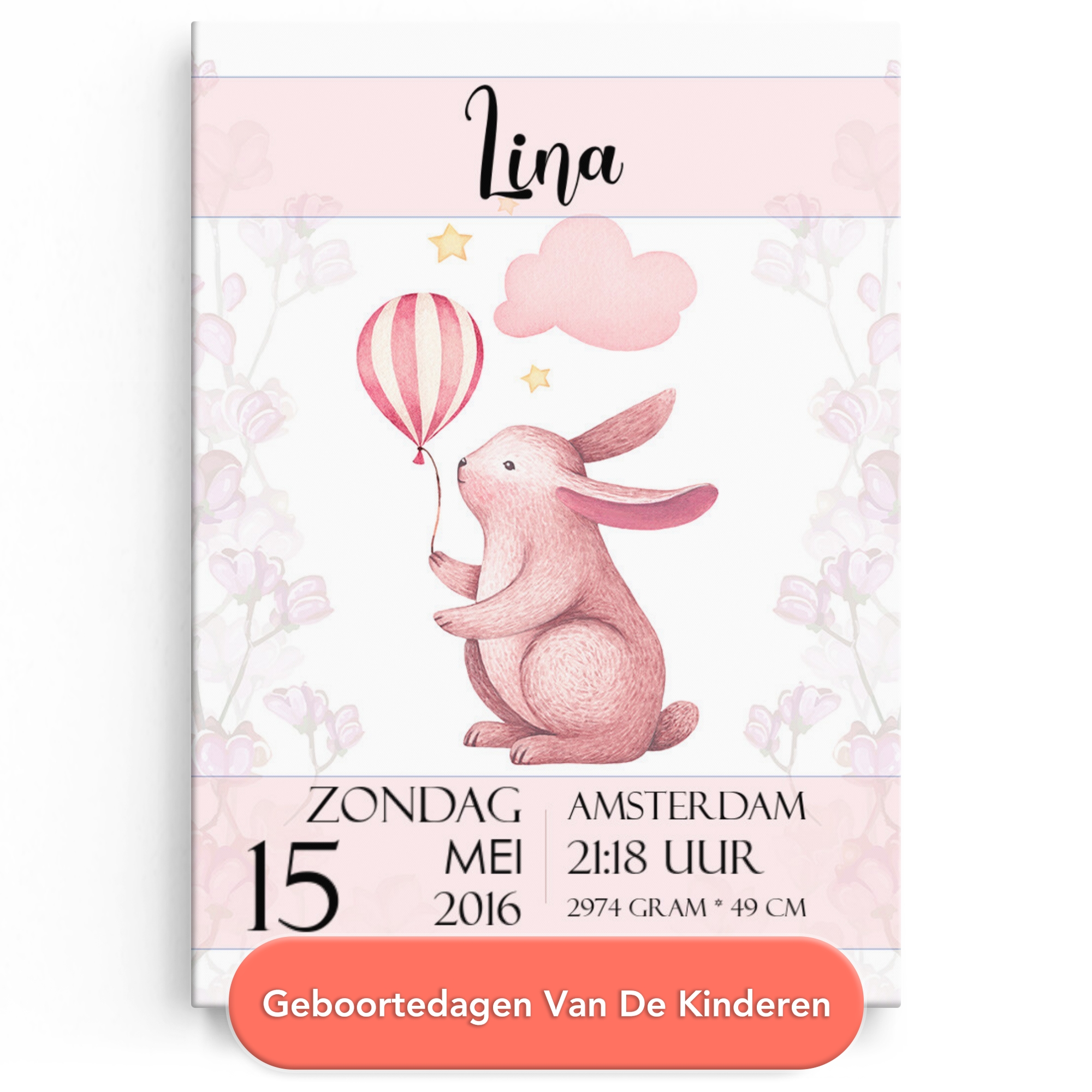 Gepersonaliseerde Canvas Canvas voor geboorte konijn met ballon