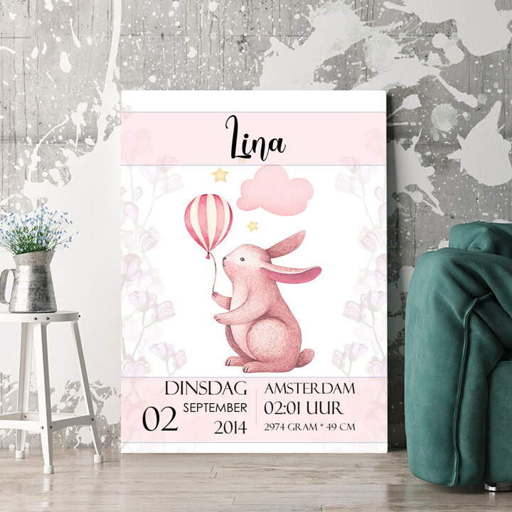 Personaliseerbaar cadeau Canvas voor geboorte konijn met ballon